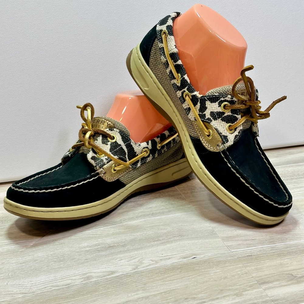 Sperry Top-Sider Women 7M Black Suede Leopard Print Boat Shoes angelfish Gold